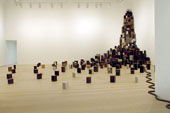Large pile of speakers in a gallery