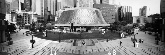 Metro Hall Square showing the positions of the 8 speakers